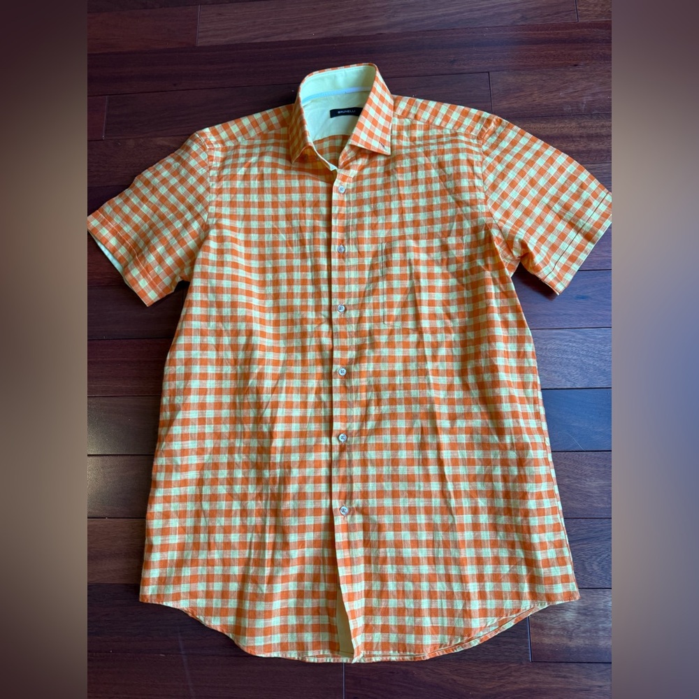 Brunello Men’s Shirt SZ M Short Sleeve Orange Yellow Chest 42 Length 30
